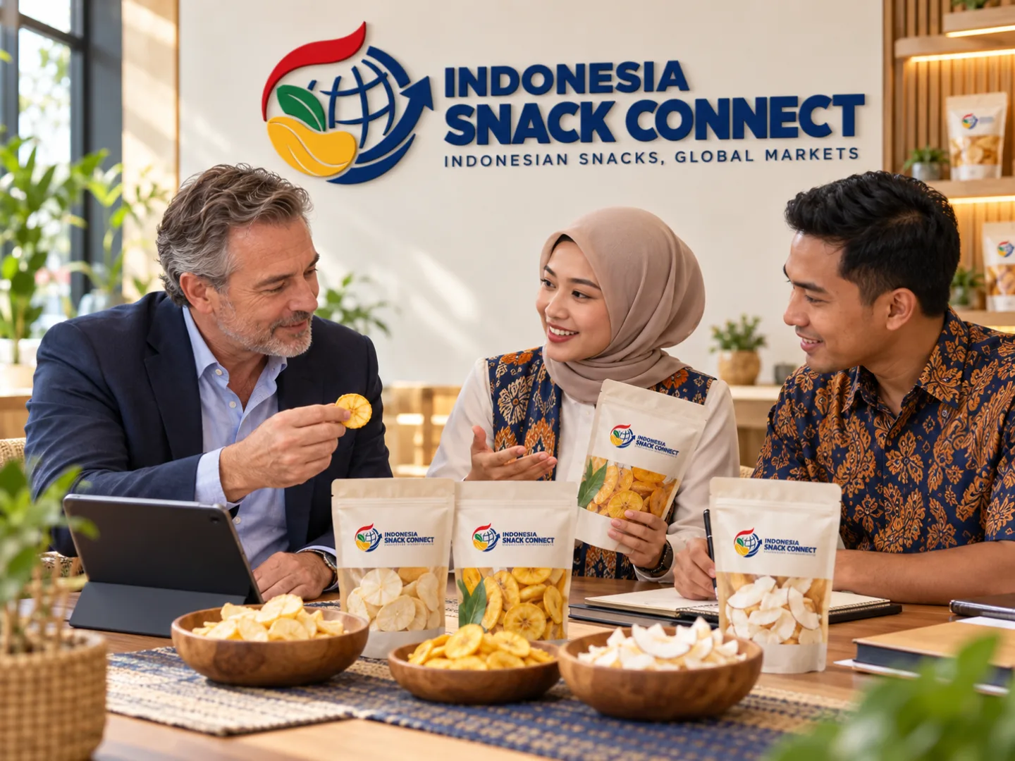 An international buyer and Indonesian team reviewing snack samples and pouches