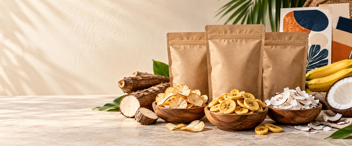 Blank private-label snack pouches with cassava, banana and coconut chips